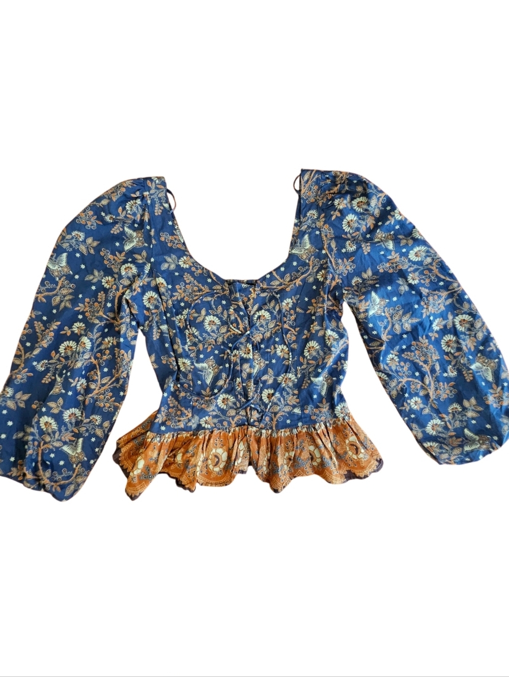 Boho Floral Ruffle Women’s Top - Blue & Orange-Size Medium-NWOT - Picture 3 of 12